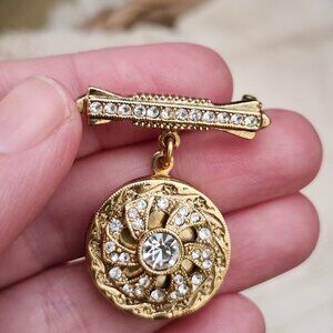 Vintage Victorian Style Locket Brooch with Rhinestone Pinwheel Design